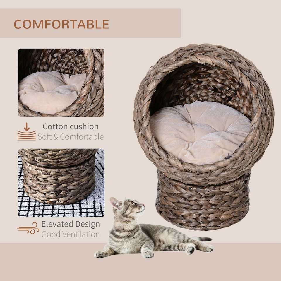 image 1 of PawHut Wicker Cat House, Raised Cat Bed with Cushion, 42 x 33 x 52cm, Dark Brown