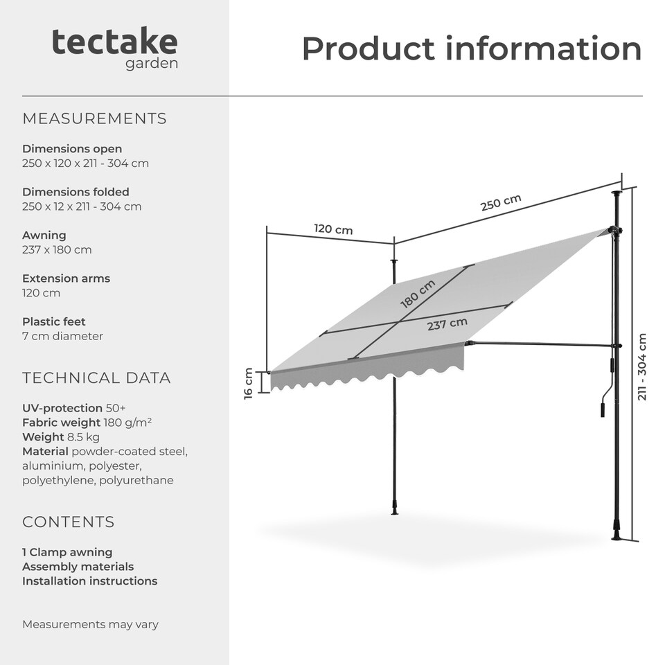 image 1 of Awning with hand crank - pressure fitted , height adjustable | Grey | light grey | 250 x 180 cm | 1