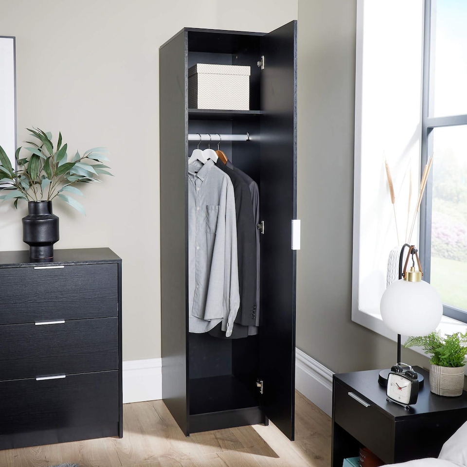 image 1 of Phoenix Wardrobe 1 Door Space Saving Bedroom Home Furniture Clothing Storage Unit | Black