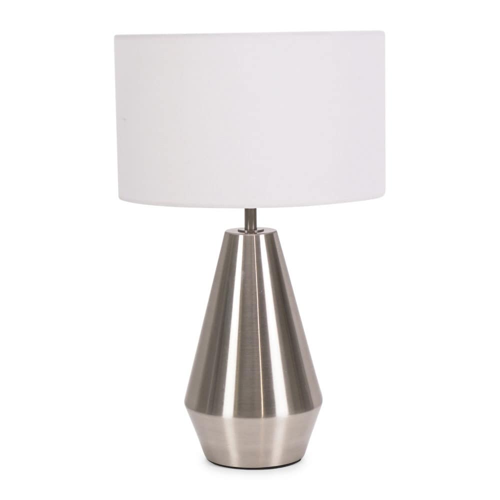 ValueLights Jax Brushed Chrome Dimmable Touch Table Lamp with Fabric Drum Shade & LED Bulb in White