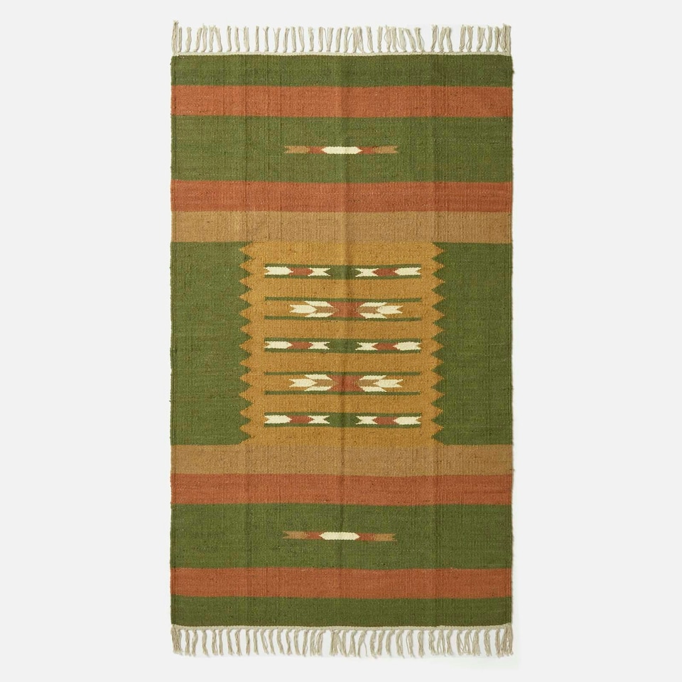 image 1 of Homescapes Lundi Orange and Green Kilim Cotton and Jute Rug - 120 x 170 cm