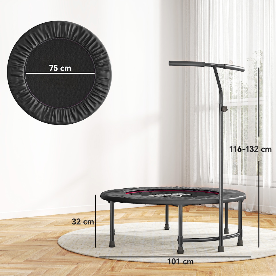 image 1 of HOMCOM 40" Mini Trampoline, Rebounder Jumper w/ Adjustable Handle, Black | Black | Black
