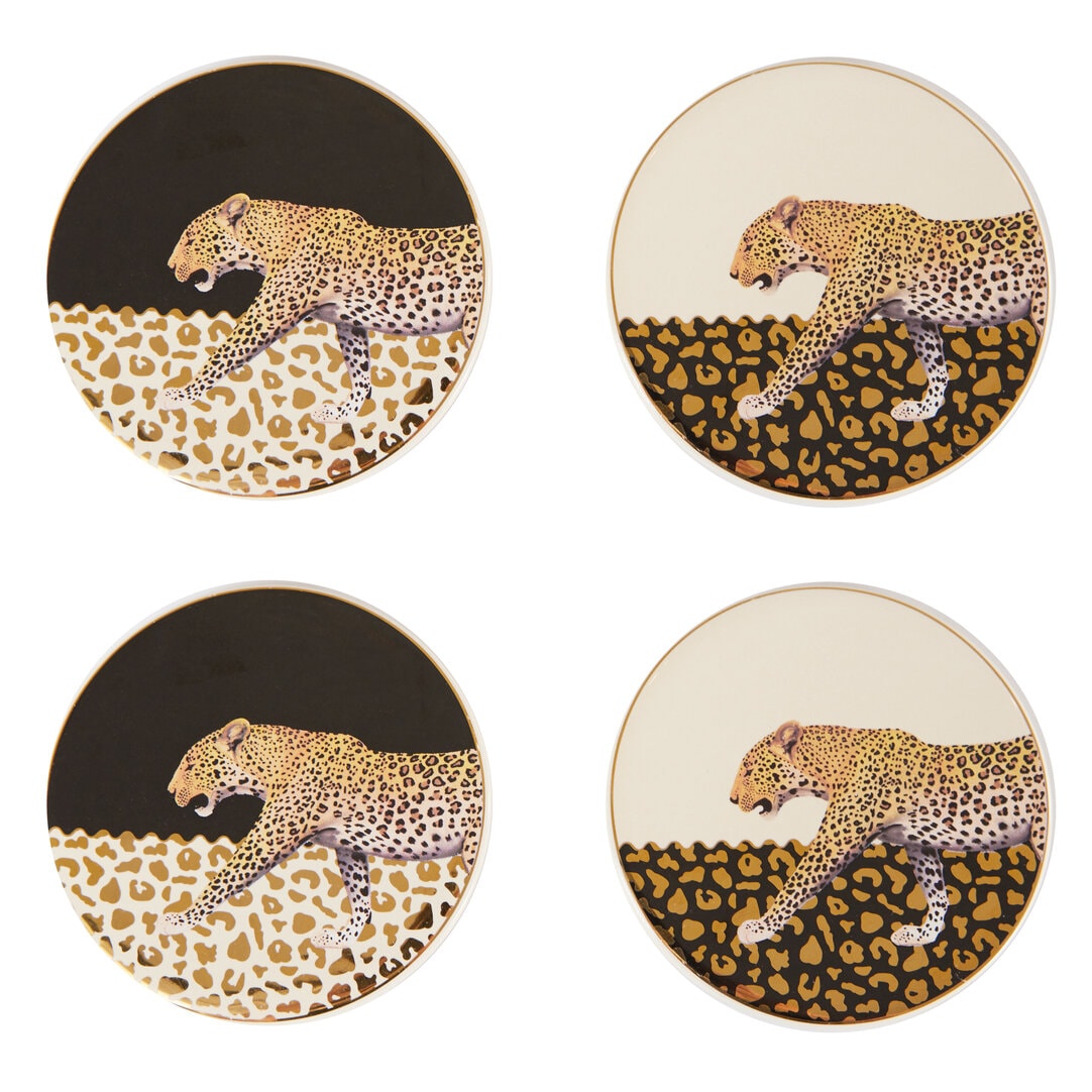 Orsina Stylish Set of 4 Coasters, Black & White Leopard Design Coasters With Gold Detailing, Stoneware Coasters
