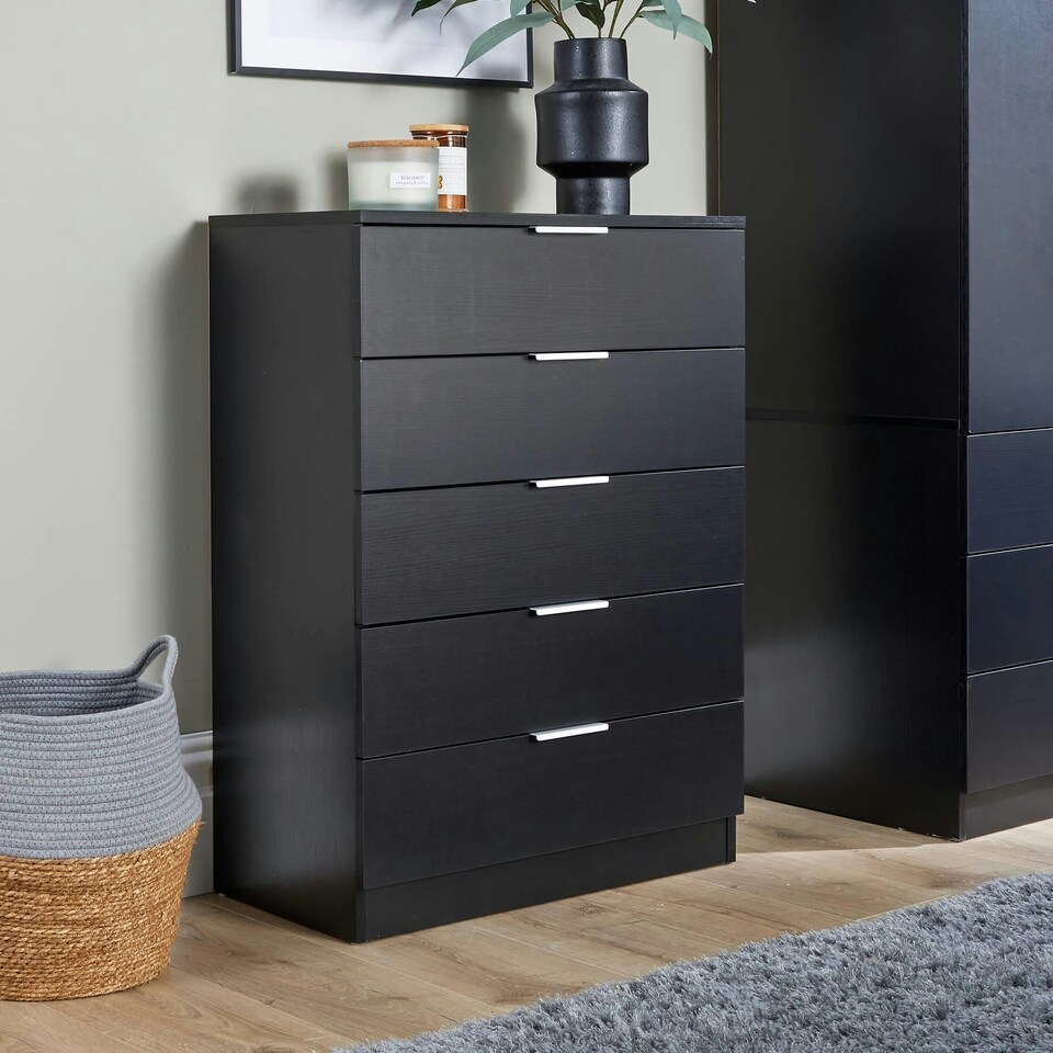 image 1 of Chest Of 5 Drawers Bedroom Furniture Clothing Storage Organiser Unit Black | 6 Drawers