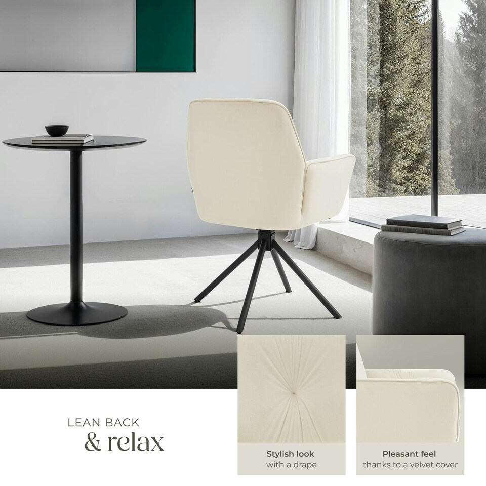 image 1 of Swivel Chair Lenia - upholstered, padded, 56.5 x 54 x 86 cm - Set of 2 Cream | Velvet Cream/Black
