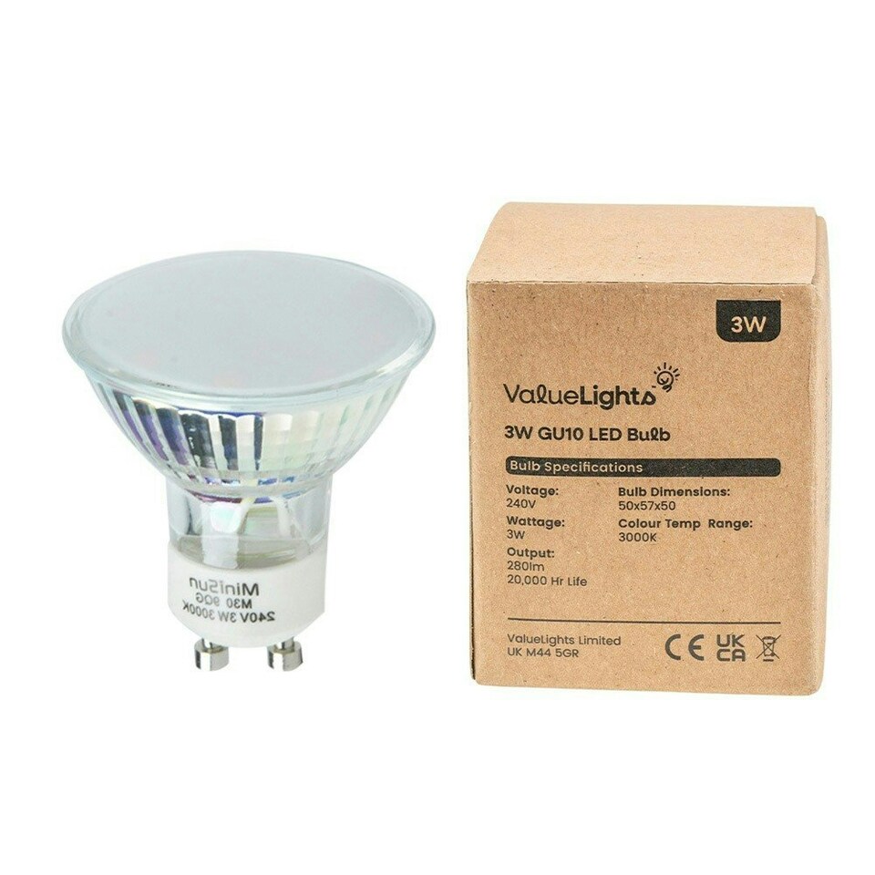 image 1 of ValueLights 8 Pack GU10 White Plastic Spotlight LED 3W Warm White 3000K 280lm Light Bulb