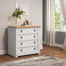 Mercers Furniture Corona White Small 4 Drawer Chest Of Drawers Solid Wood Pine Wooden Bedroom with Mexican Styling