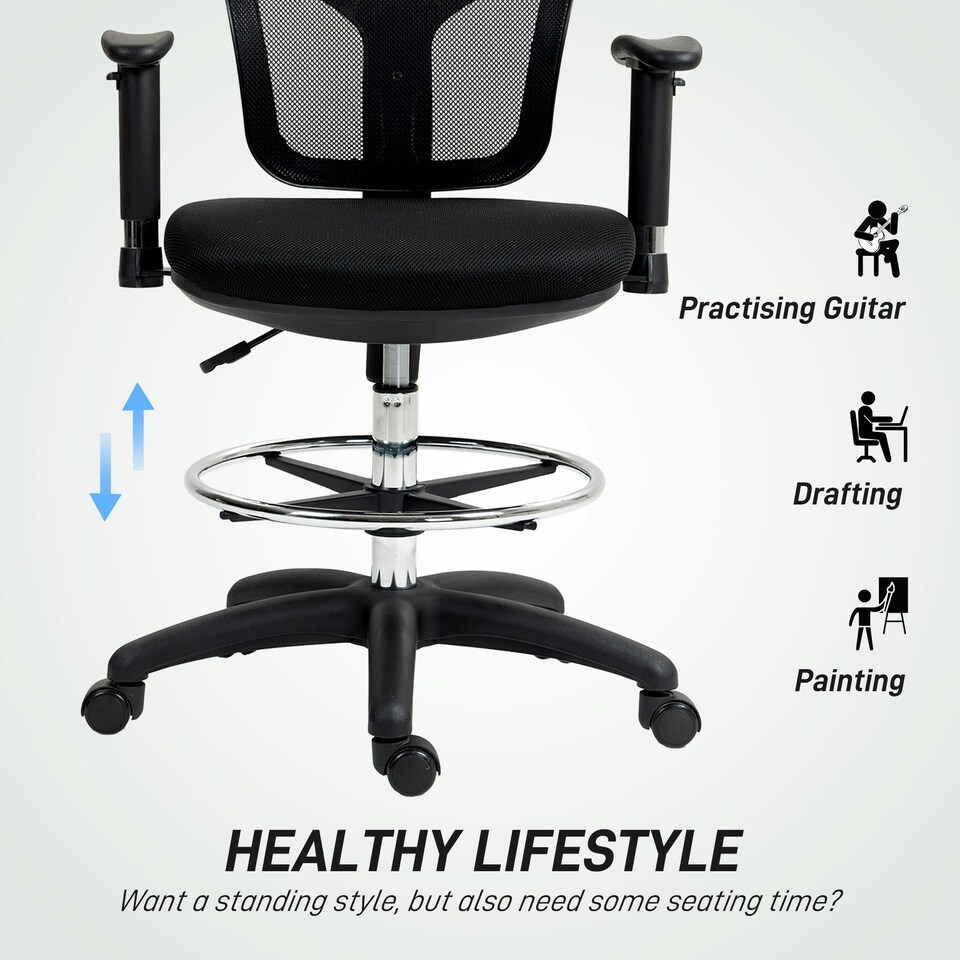 image 1 of HOMCOM Drafting Stool Chair with Adjustable Armrest for Standing Desk, Black Black