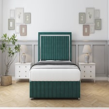 Sloomy Boston Chrome Emerald Plush Divan Bed With Mattress No Drawers With 54" Floor Standing Headboard & 12" Matching Footboard 4' Small Double | Green | Emerald | Small Double | 1