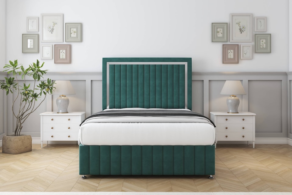 image 1 of Sloomy Boston Chrome Emerald Plush Divan Bed With Mattress No Drawers With 54" Floor Standing Headboard & 12" Matching Footboard 4' Small Double | Green | Emerald | Small Double | 1