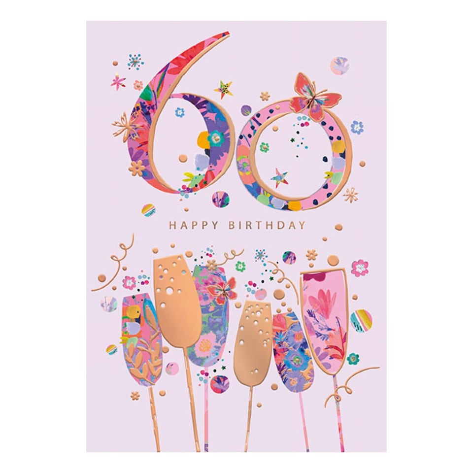 Words 'n' Wishes 60th Birthday Card for Her, Age 60 Birthday Card FriendPatterned & Foiled Large Number With Champagne Glasses, Multicoloured, 22 x 15.8 cms