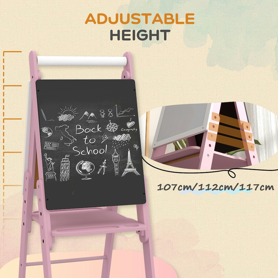 image 1 of AIYAPLAY Three-in-One Easel for Kids, with Paper Roll, Adjustable Height - Pink 