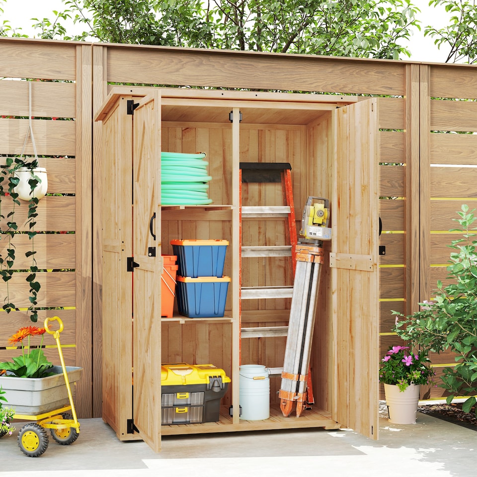 image 1 of Outsunny Wooden Garden Storage Shed, Tool Storage Cabinet with Asphalt Roof and 2 Shelves for Garden Tools, Equipment, Outdoor Tool Shed with Double Doors, Natural