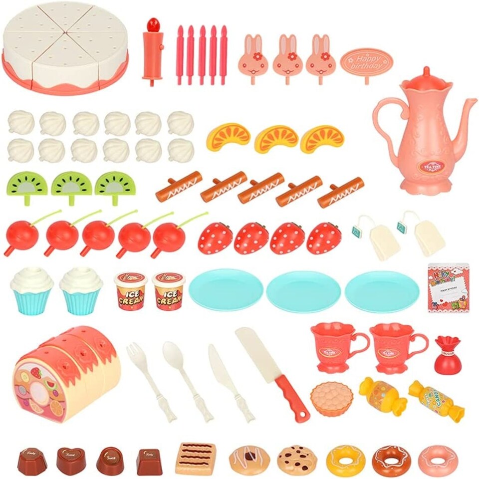 image 1 of Pretend Cutting & Decorating Birthday Cake Tea Party Play Set – 83-Piece Dessert & Afternoon Tea Role Play Set with Light-Up Candle