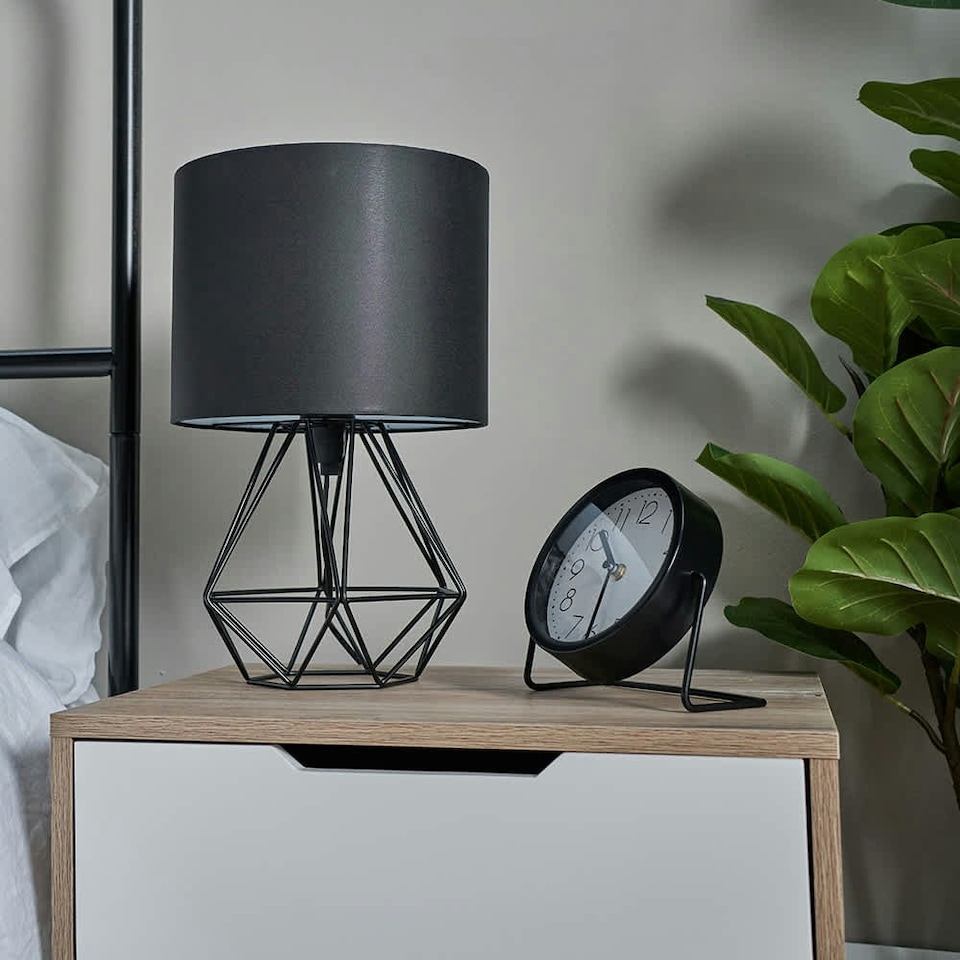 image 1 of ValueLights Modern Black Metal Basket Cage Bed Side Table Lamp With Black Fabric Shade
