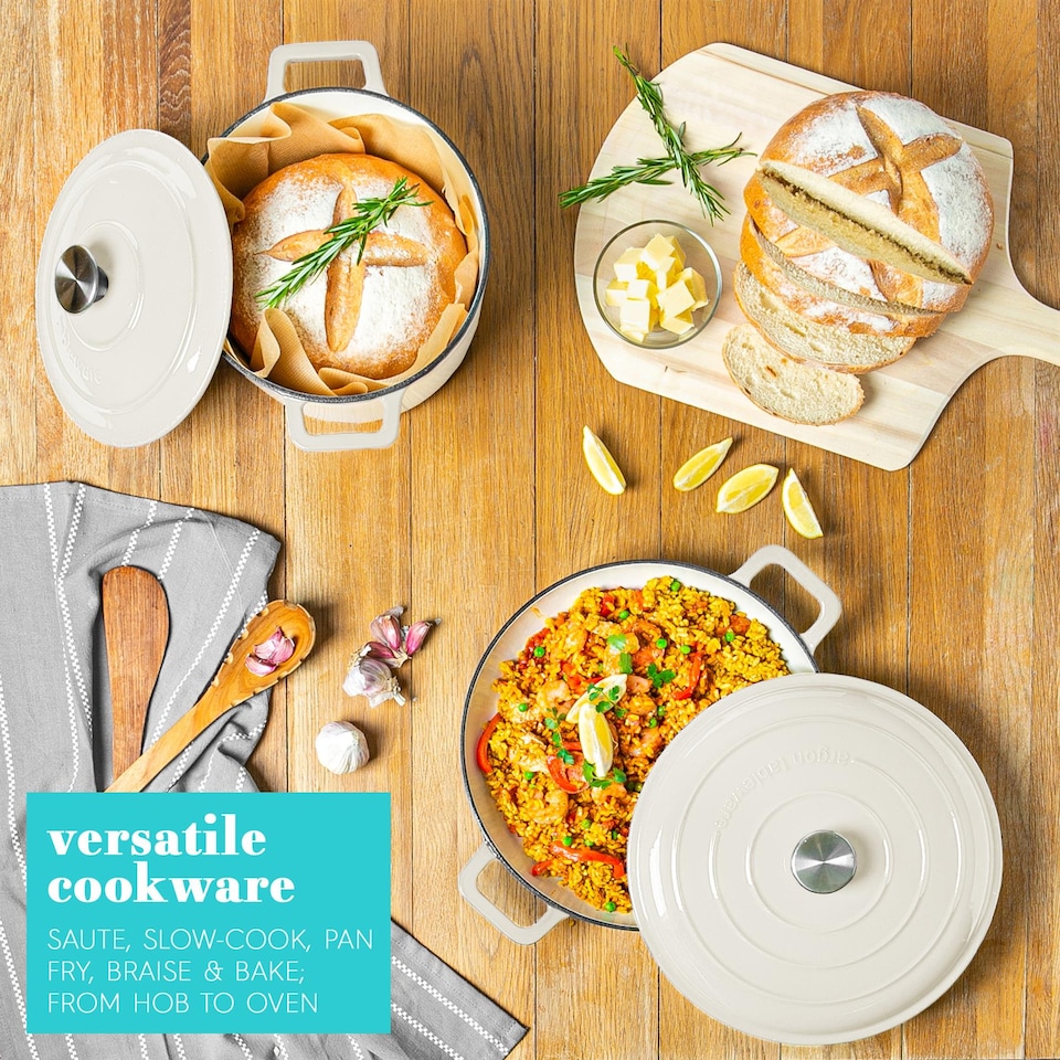 image 1 of Argon Tableware 2pc Shallow Cast Iron Casserole Dish Set - 2.3L/4.68L - Pebble Gloss | Grey | Pebble Gloss | 2