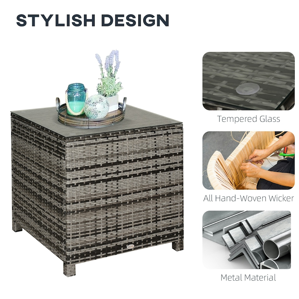 image 1 of Outsunny Side Table Furniture Tempered Glass Garden Patio Wicker Mixed Grey