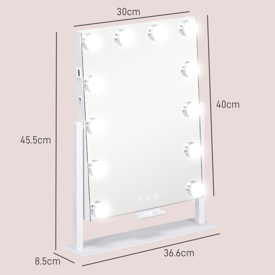 image 1 of HOMCOM Hollywood Vanity Mirror with Lights, 3746 cm Lighted Makeup Mirror with 3 Colour, 12 LED Bulbs, 10 Magnifying, USB Charging Port, Phone Holder