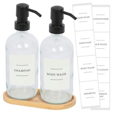 Harbour Housewares 2pc Glass Soap Dispenser Set with Bamboo Tray & Labels - 500ml - Clear/White