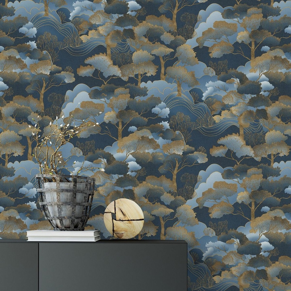 image 1 of Elle Decoration Golden Grove Vinyl Textured Wallpaper | Gold | Navy/Gold | 1