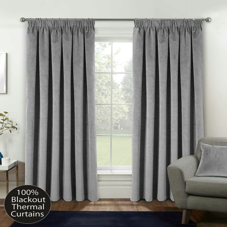 image 1 of Oxford Grey Velvet Curtains 66 x 90 inch (168 x 229 cm) 100% Blackout Pencil Pleat Thermal Noise Reducing Curtains for Bedroom and Living Room
