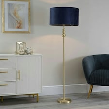 ValueLights Marissa Navy Blue Velvet Drum Shade with Brushed Gold Stacked Ball Floor Lamp