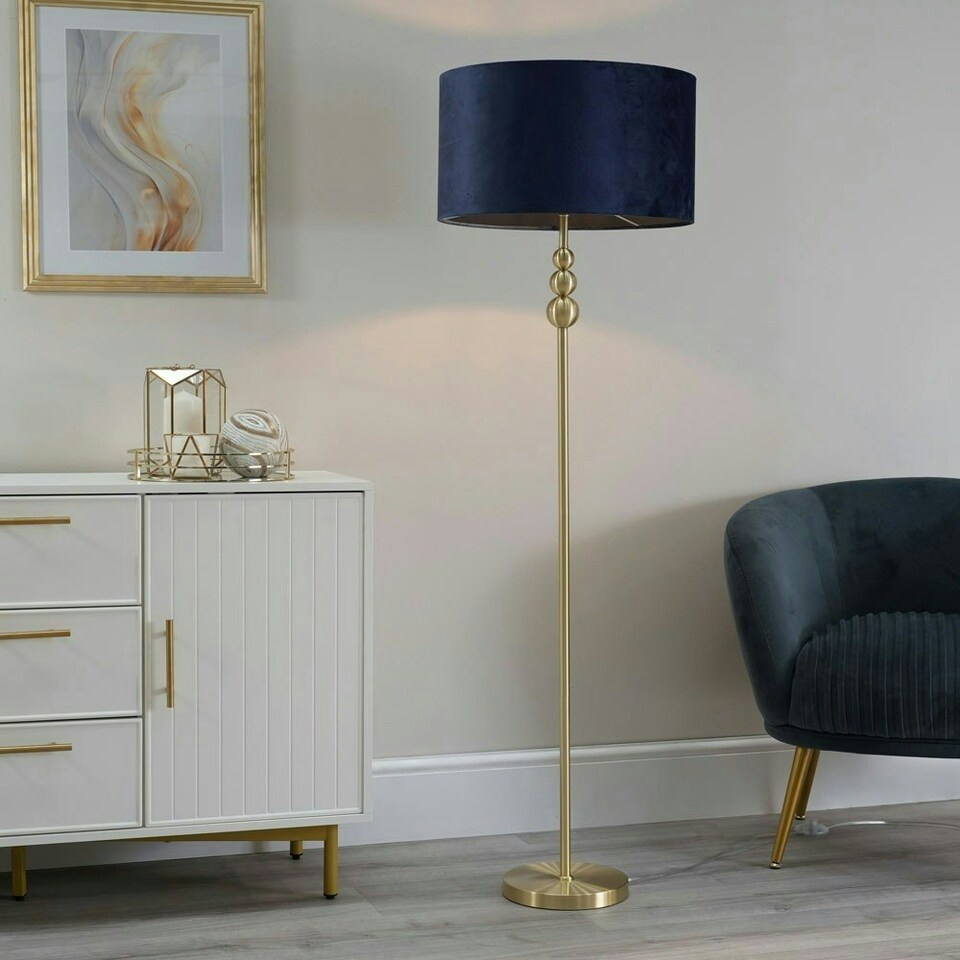 image 1 of ValueLights Marissa Navy Blue Velvet Drum Shade with Brushed Gold Stacked Ball Floor Lamp