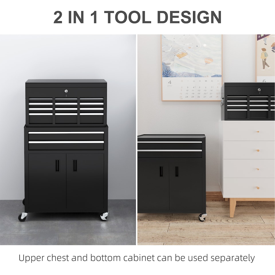 image 1 of HOMCOM Top Chest and Roller Cabinet Combo Metal Tool Cabinet on Wheels Black | Black