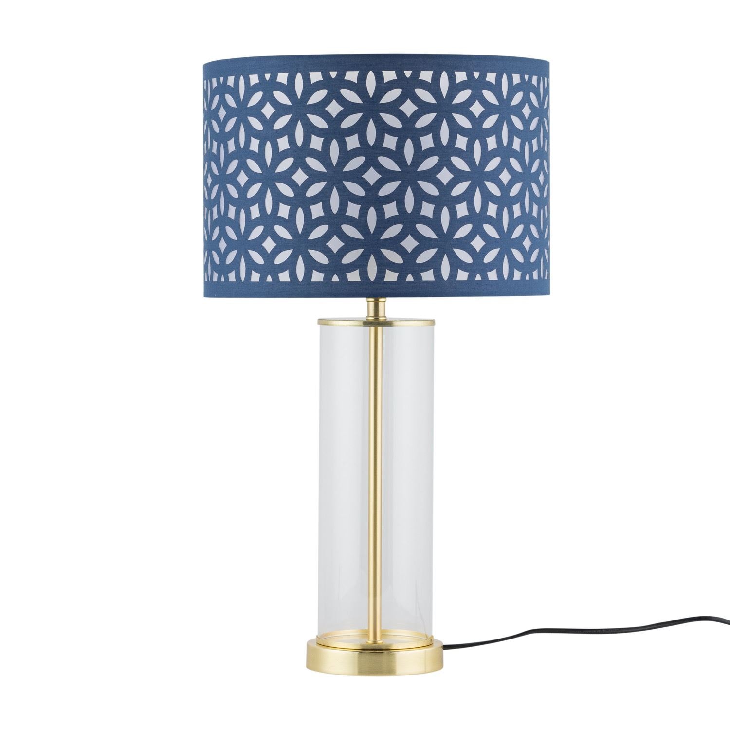 First Choice Lighting Aura - Satin Brass Table Lamp with Navy Blue Cut Out Shade in Gold