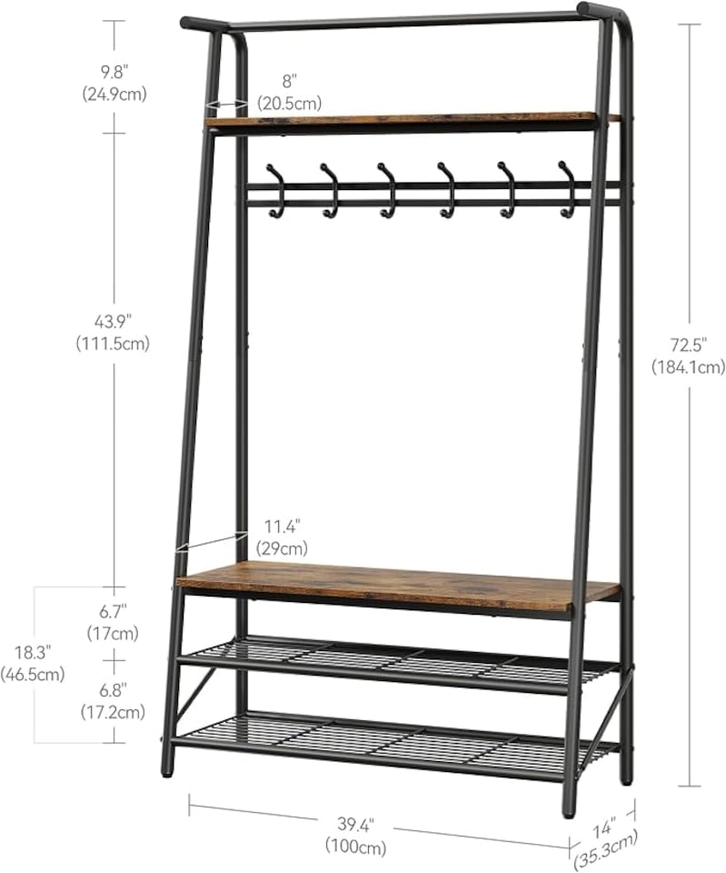 image 1 of London Boutique 4-in-1 Hall Tree with Bench and Shoe Rack, Double Coat Hooks, 60cm