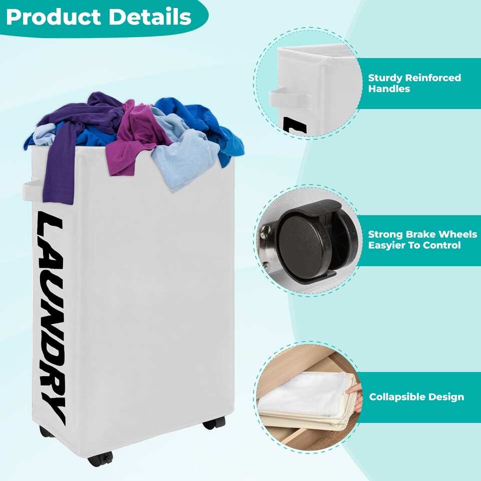 image 1 of 38L Slim Laundry Basket with Wheels, Rolling Laundry Hamper with Storage Bin