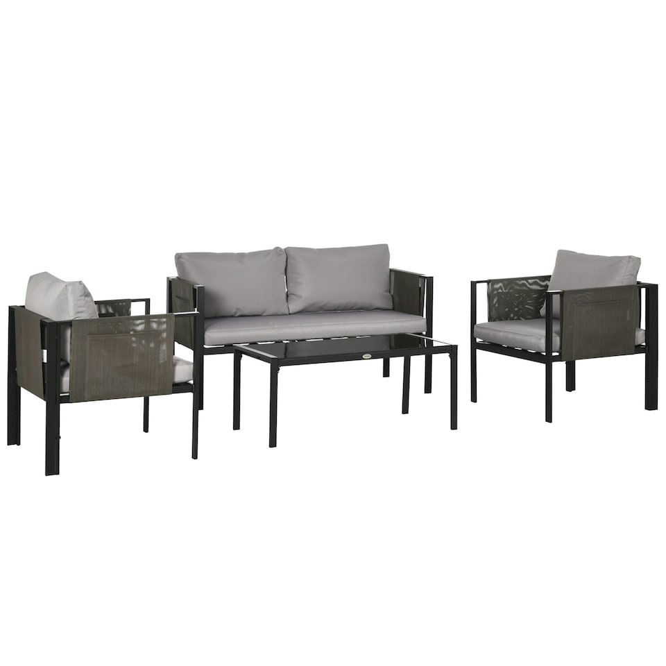 image 1 of Outsunny 4 Piece Garden Sofa Set w/ Tempered Glass Coffee Table