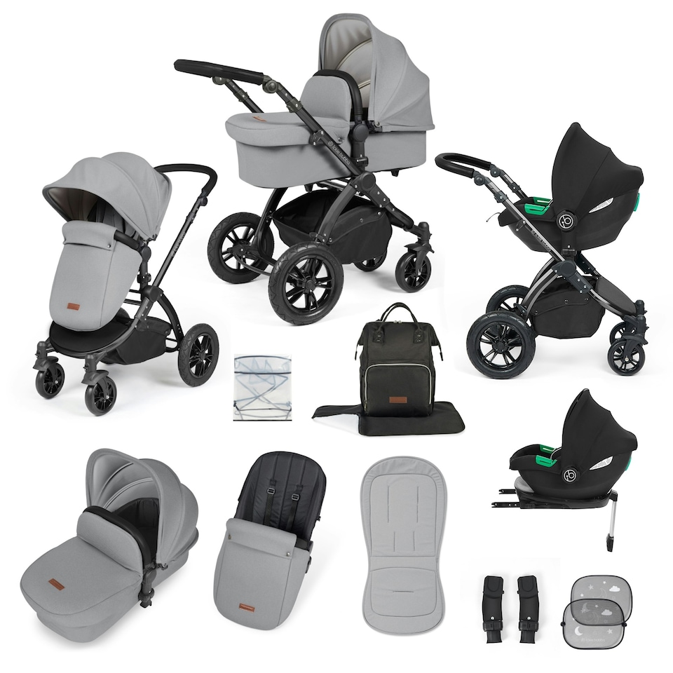 image 1 of Stomp Luxe 12pc Travel System with Cirrus i-Size Car Seat & ISOFIX Base, Carrycot, Reversible Seat, Rain Cover & More (Black/Pearl Grey/Black)