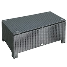 Outsunny Garden Rattan Side Table, Wicker Coffee Desk, Glass Top, Black