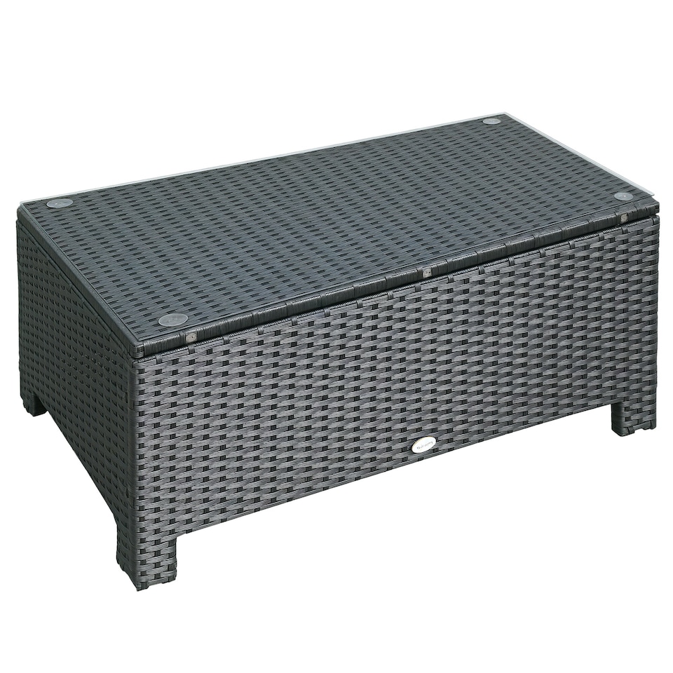 image 1 of Outsunny Garden Rattan Side Table, Wicker Coffee Desk, Glass Top, Black