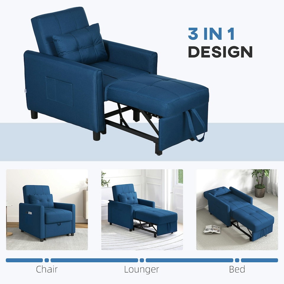 image 1 of HOMCOM Pull Out Chair Bed, Sleeper Chair with Pillow, Side Pockets, Blue