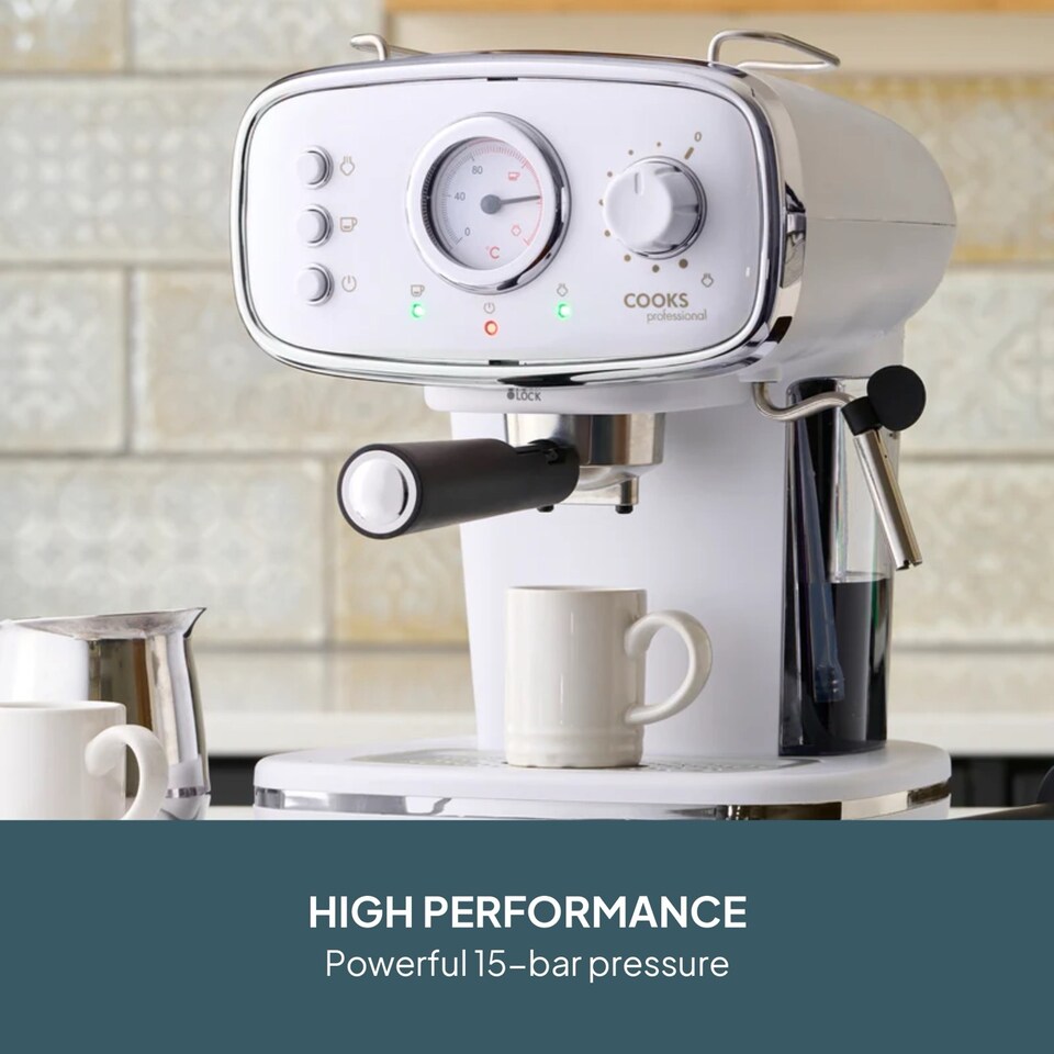 image 1 of Cooks Professional 15-Bar Retro Espresso Coffee Machine 1.2L with Frothing Steam Wand | White | White & Silver