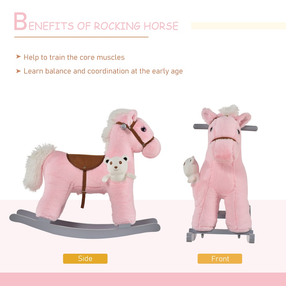 image 1 of HOMCOM Kids Plush Ride-On Rocking Horse Toy Rocker with Plush Toy Realistic Sounds for Child 18-36 Months Pink