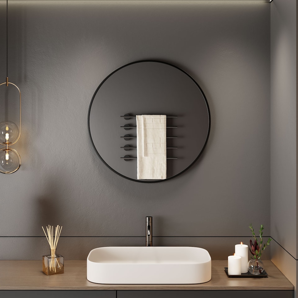 image 1 of Neo 40cm Black Round Metal Frame Wall Mirror Float Glass HD Reflection Anti Rust Moisture Proof Wall Mounted Bathroom Bedroom Hallway Living Room Vanity | Black | Black