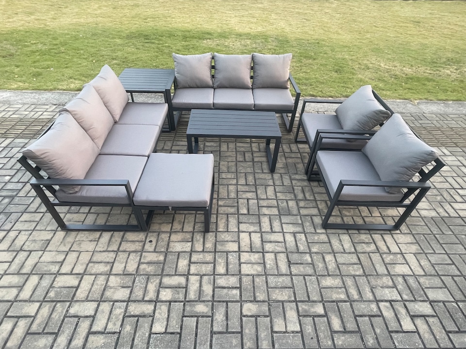 image 1 of Fimous Aluminium Outdoor Garden Furniture Set 9 Seater Garden Sofa with Oblong Coffee Table Big Footstool Side Table Dark Grey