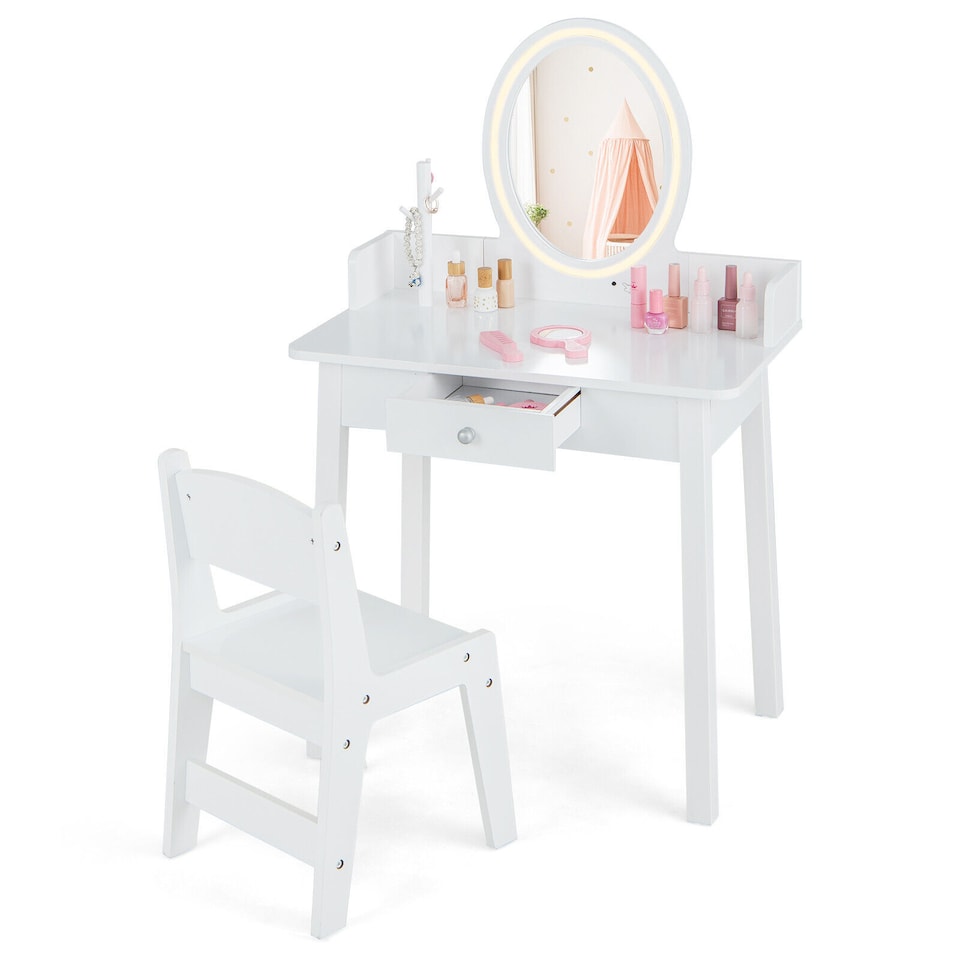 image 1 of COSTWAY Kids Vanity Set Makeup Beauty Dressing Table White