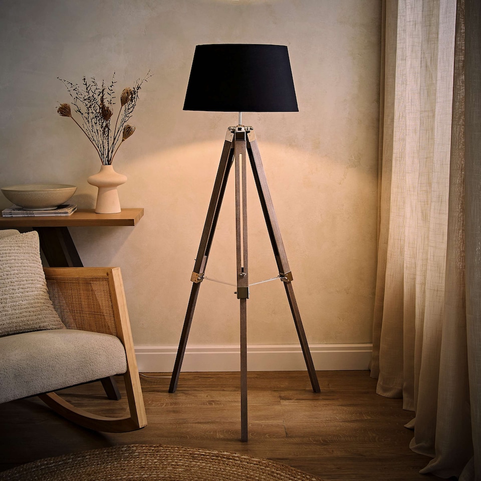 image 1 of ValueLights Clipper Light Wood Floor Lamp Black Taper Shade and Bulb