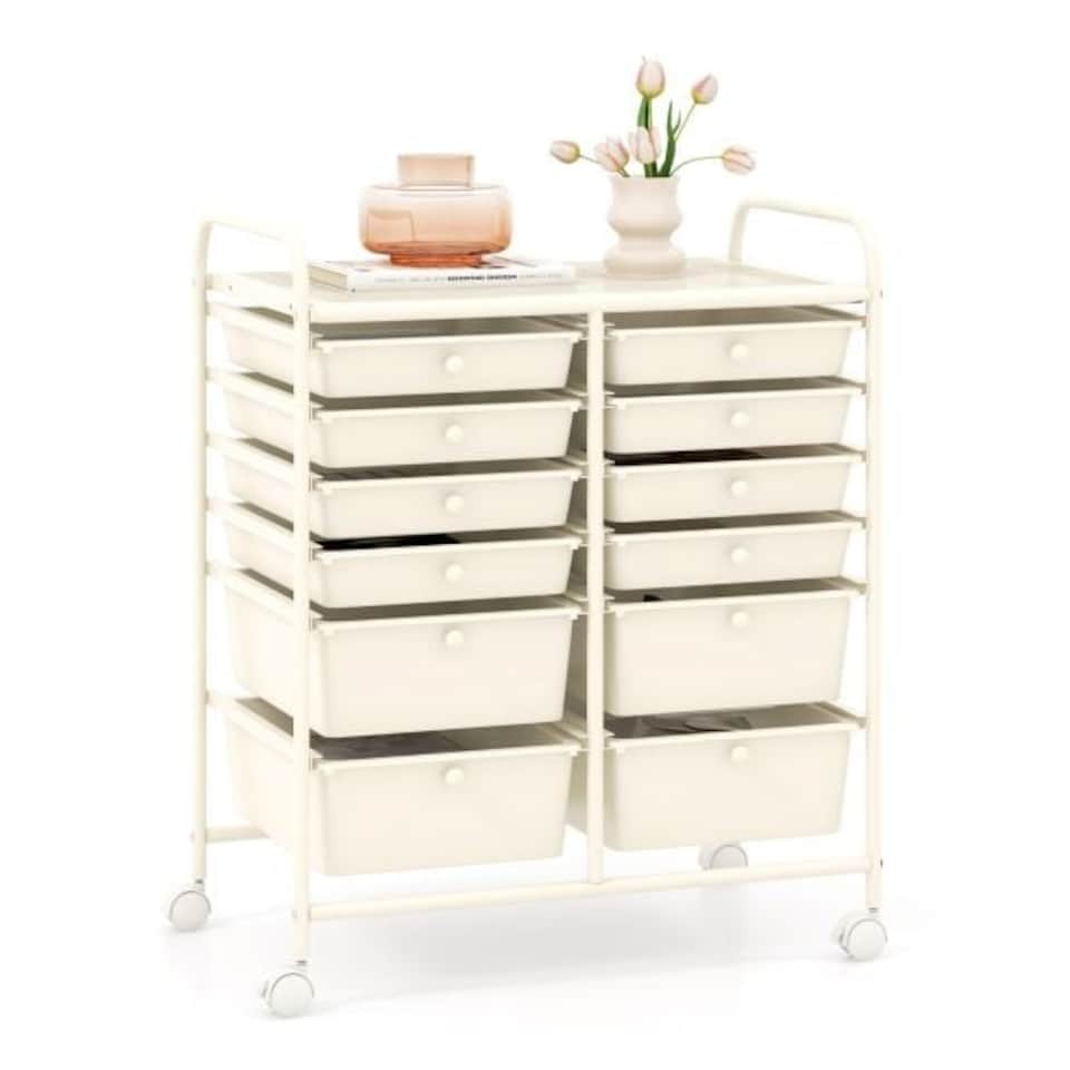 image 1 of COSTWAY 12 Drawer Rolling Storage Cart Office Utility Cart White