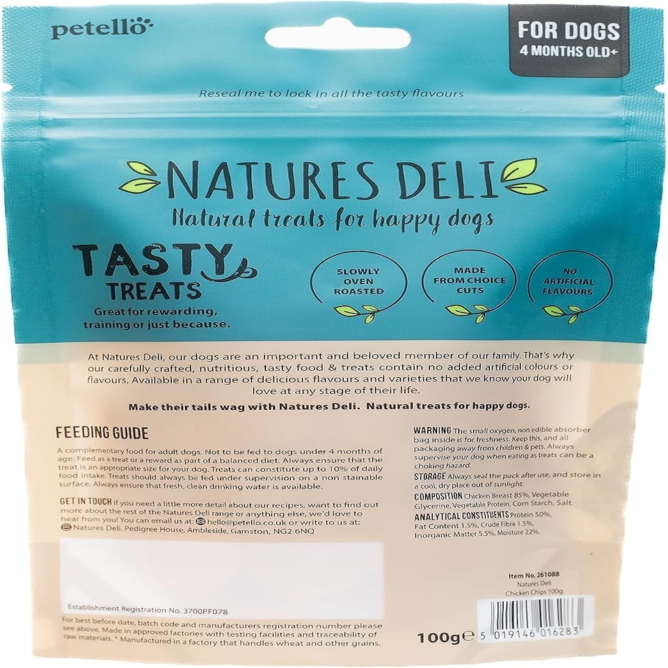 image 1 of Natures Deli Chicken Chips Dog Treats, Gluten Free Low Fat Bite-size Treats for Dogs, High Protein Dog Biscuits - 100 g