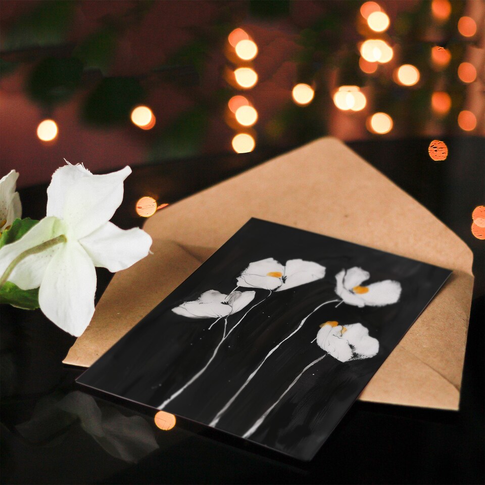image 1 of Greeting Card White Poppy Flowers on Black Bold Painting Sympathy