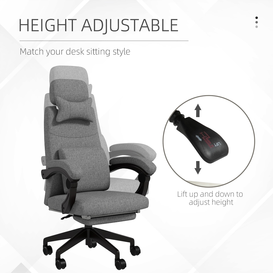 image 1 of Vinsetto Office Chair, Ergonomic Desk Chair, High Back Fabric Work Chair with 160 Reclining Backrest, Retractable Footrest, Neck and Lumbar Pillow for Home and Study, Dark Grey