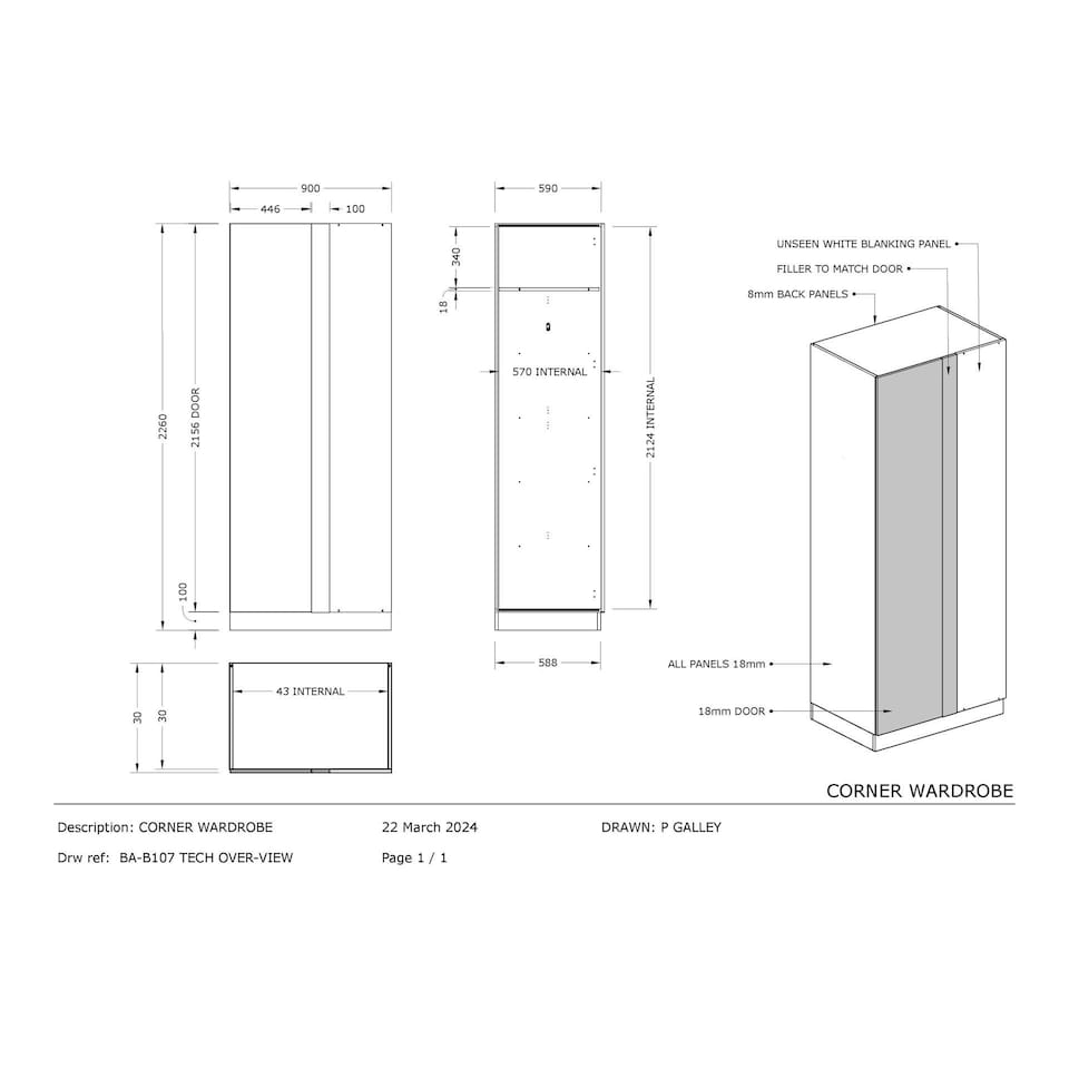 image 1 of Classic Square Panel Light Grey Blind Corner Wardrobe Grey