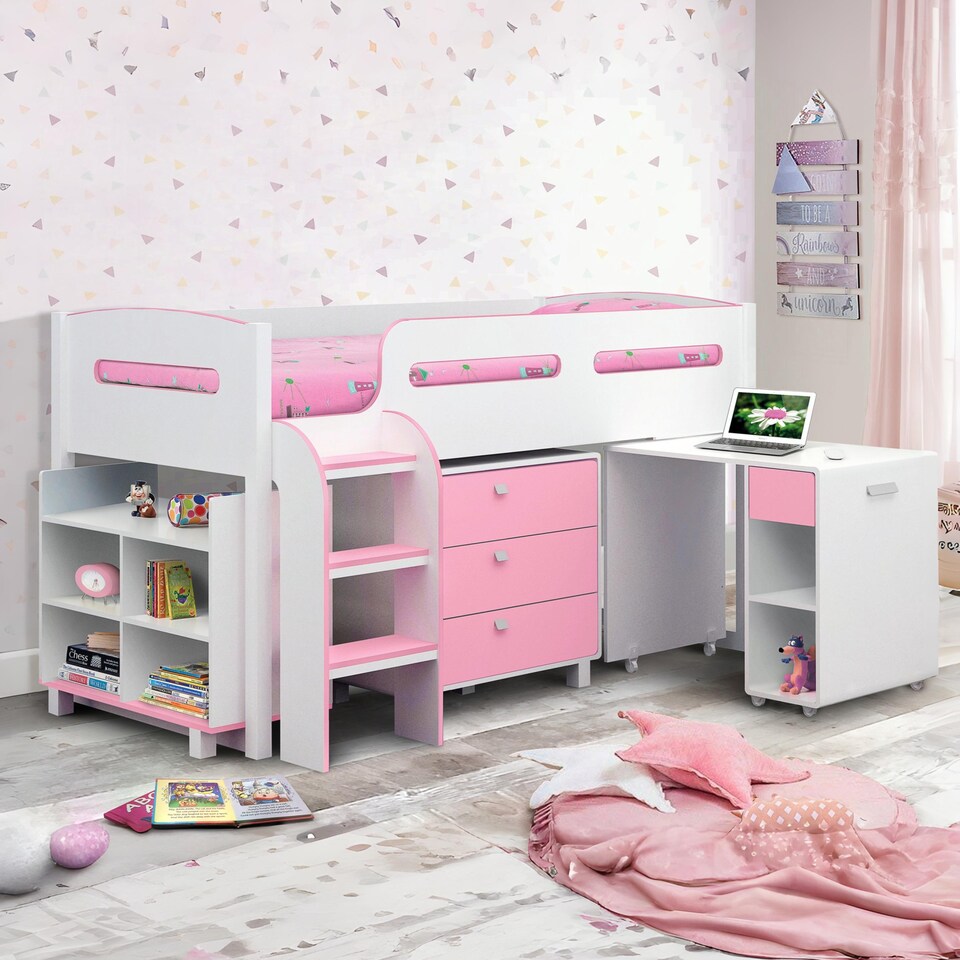 image 1 of Kimbo 90cm Single Pink and White Midsleeper Cabin Bed with Desk