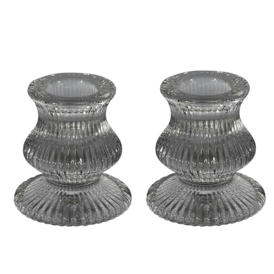 image 1 of Pair of Grey Glass Taper Candle Holders Grey