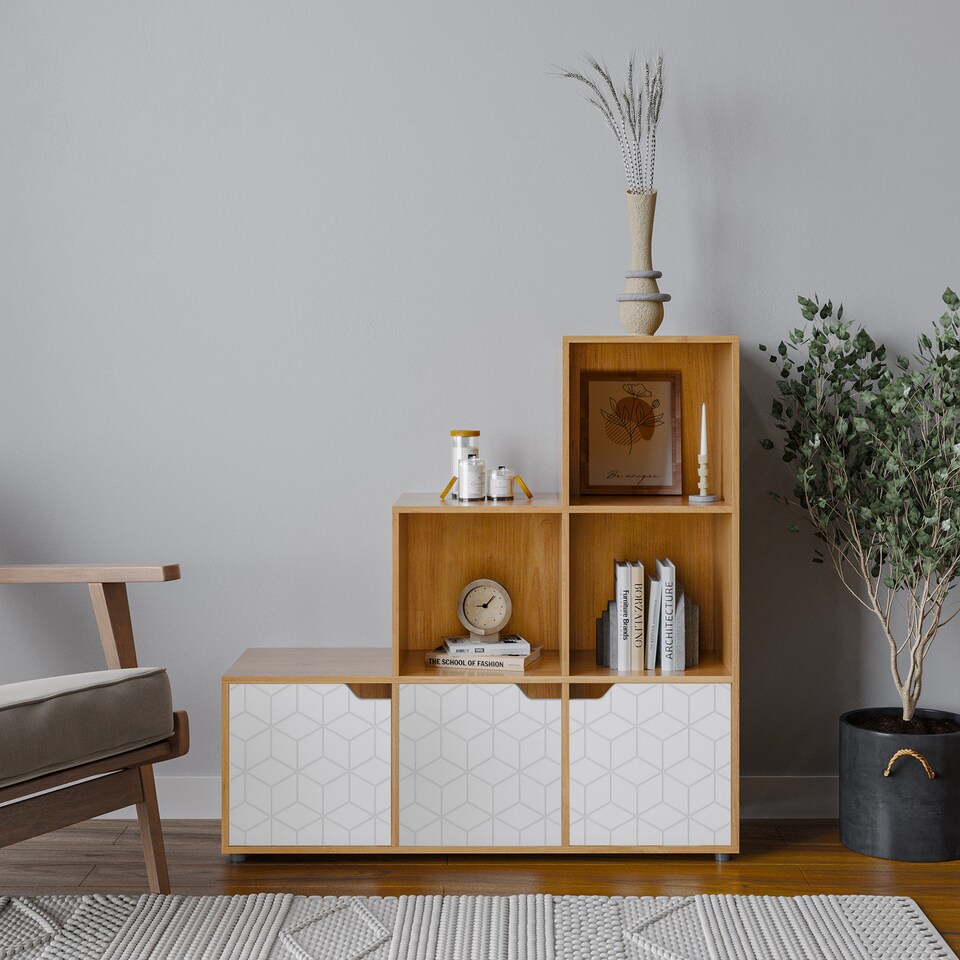 image 1 of 6-Cube Step Shelving Unit With Geo Doors | Cream | Beech & White | 1